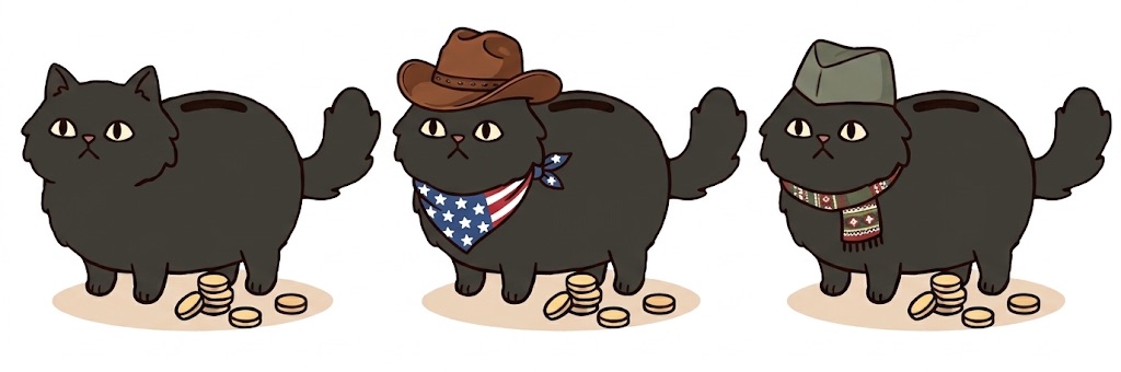 Three piggy-bank cats: a plain one, one in a cowboy hat, and one in a Serbian šajkača